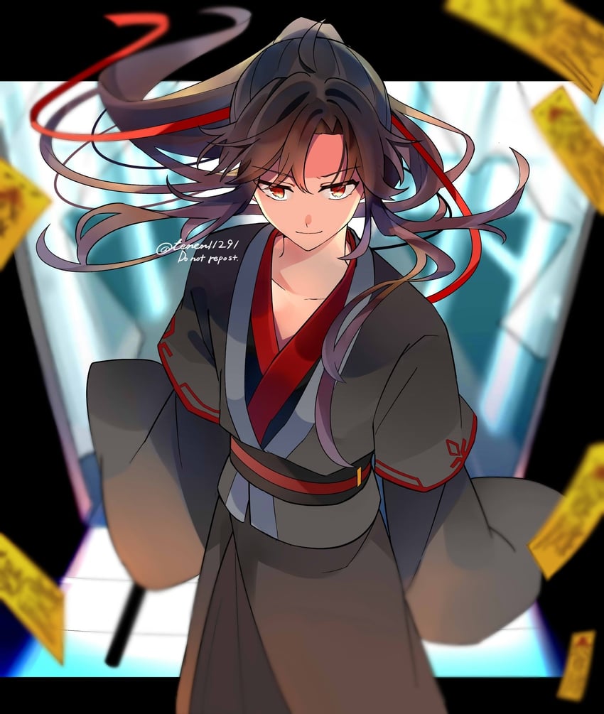 魔道祖师、魏无羡 1名男孩 呆毛 黑发 黑色汉服 模糊