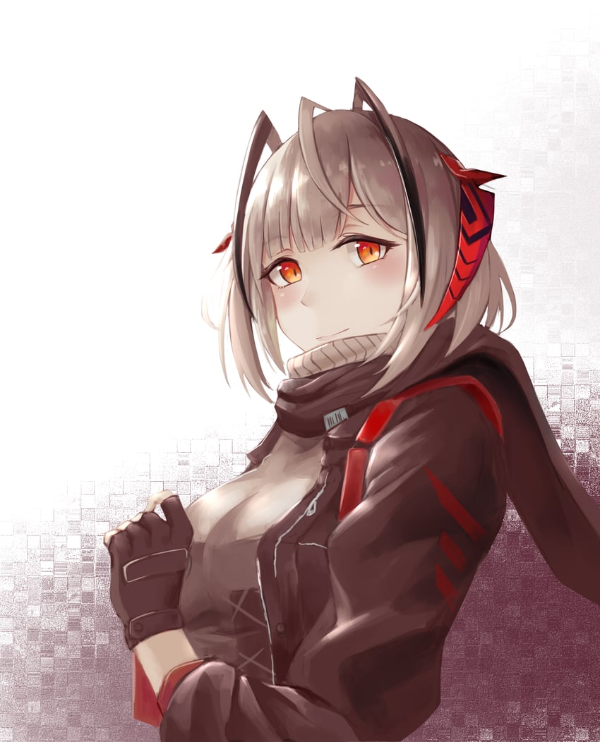 明日方舟、W (明日方舟) 1名女孩 呆毛 黑色手套 黑色夹克 黑色围巾