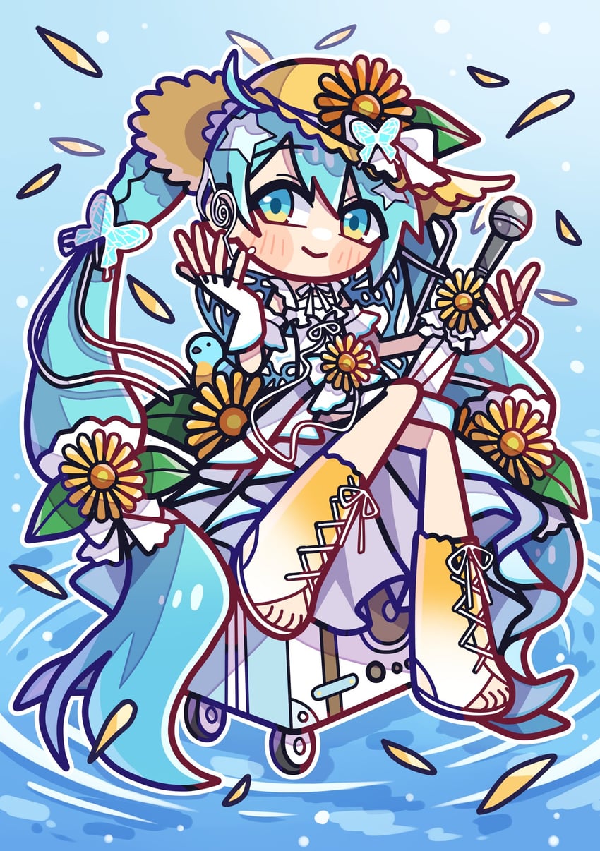 魔法未来(Vocaloid)、VOCALOID、初音未来 1名女孩 荒谬的长发 水色瞳 水色发 蓝色背景