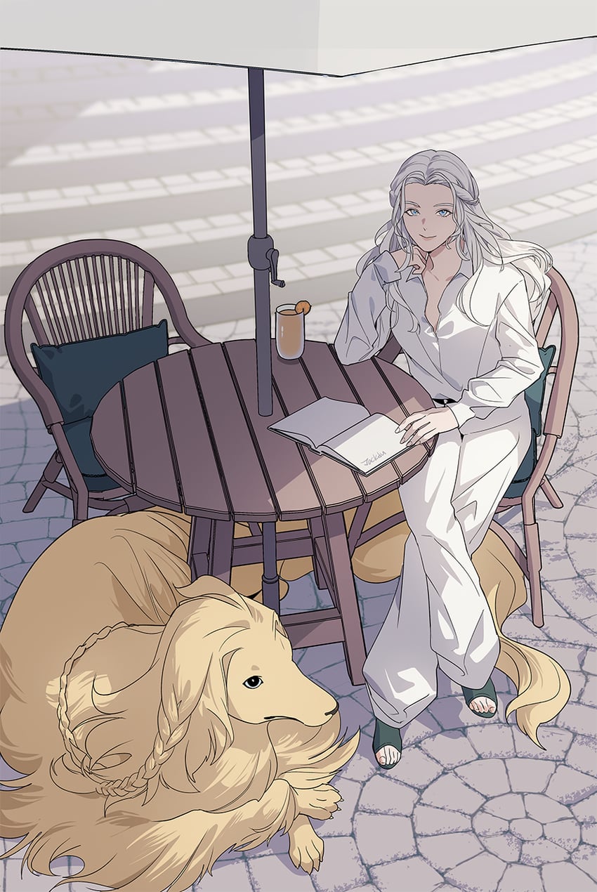 最终幻想、最终幻想14、阿尔戈斯（FF14） 1名女孩 阿富汗猎犬 替换服装 动物 蓝眼