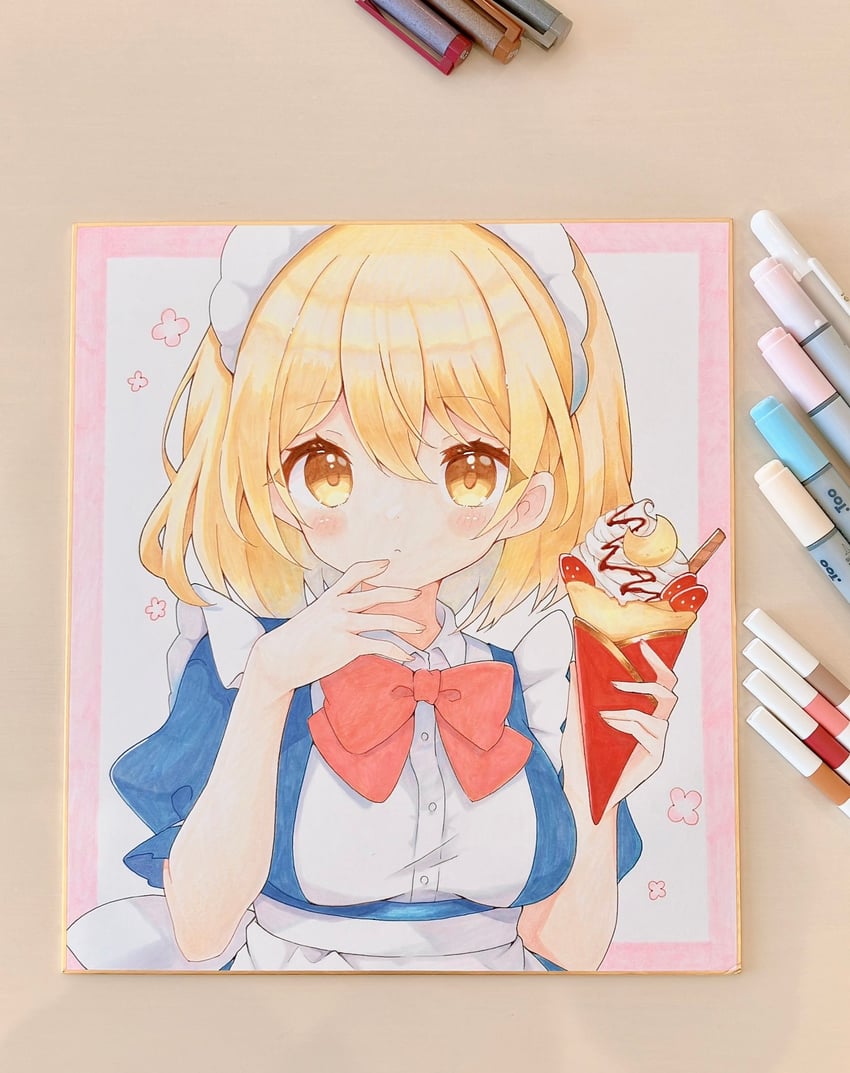 东方Project、东方Project (PC-98)、梦月 1名女孩 围裙 画面内含画具 金发 蓝色连衣裙