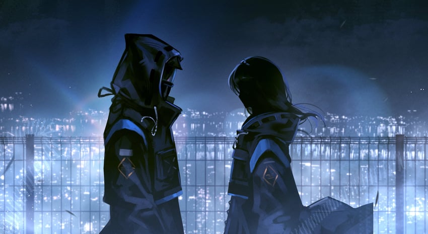 明日方舟、博士 (明日方舟)、普瑞赛斯 (明日方舟) 1名女孩 1个其他角色 性别不明 黑色大衣 黑发