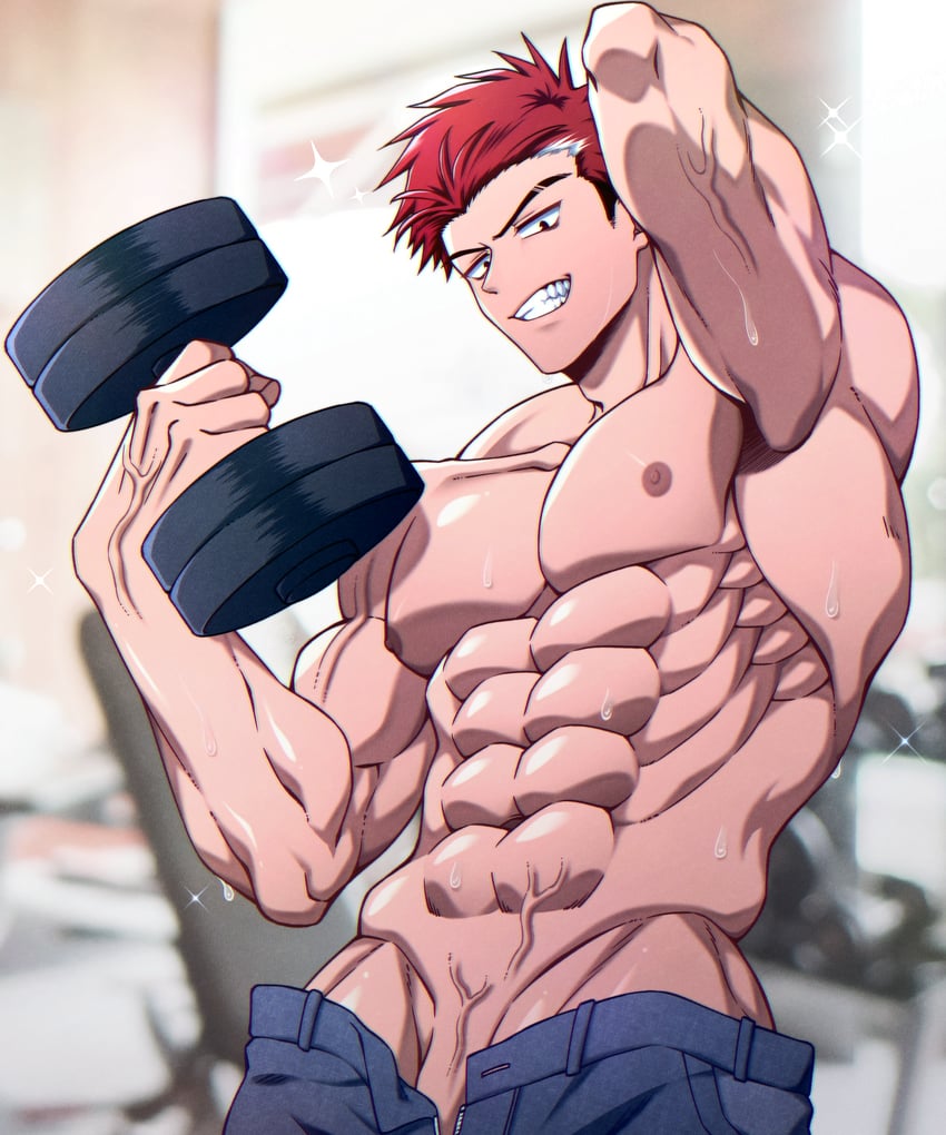 原创 1名男孩 腹肌 蓝色裤子 模糊 模糊背景