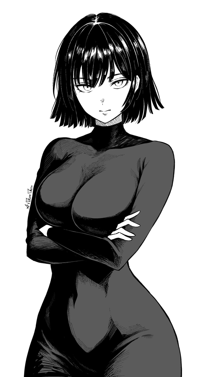 一拳超人、地狱的吹雪 (一拳超人) 1名女孩 乳房 交叉双臂 卷发 连衣裙