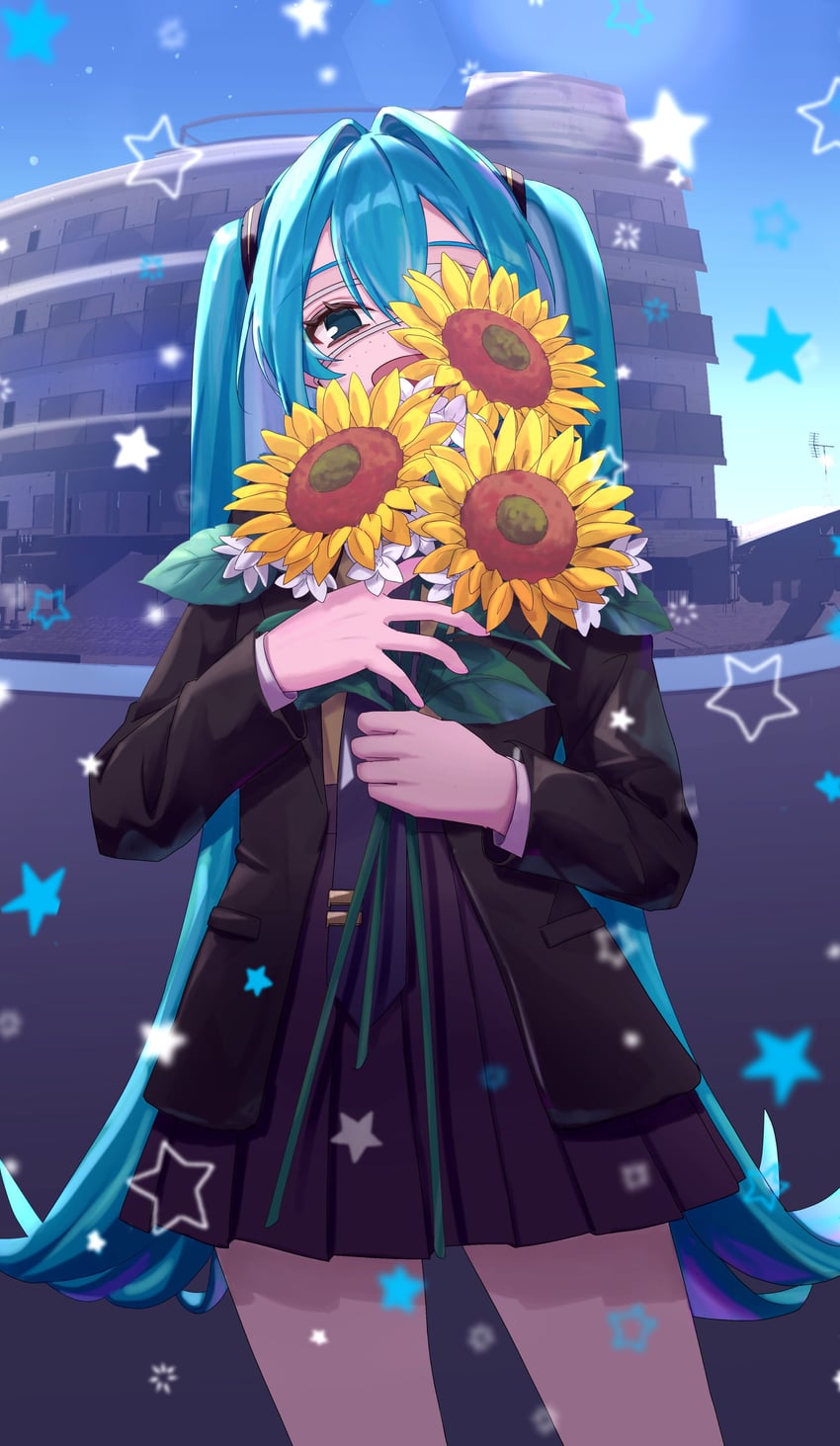 监控 (Vocaloid)、VOCALOID、初音未来 1名女孩 水色瞳 水色发 黑色大衣 西装外套