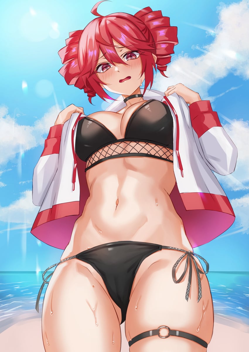 UTAU、重音Teto 1名女孩 呆毛 海滩 比基尼 黑色比基尼