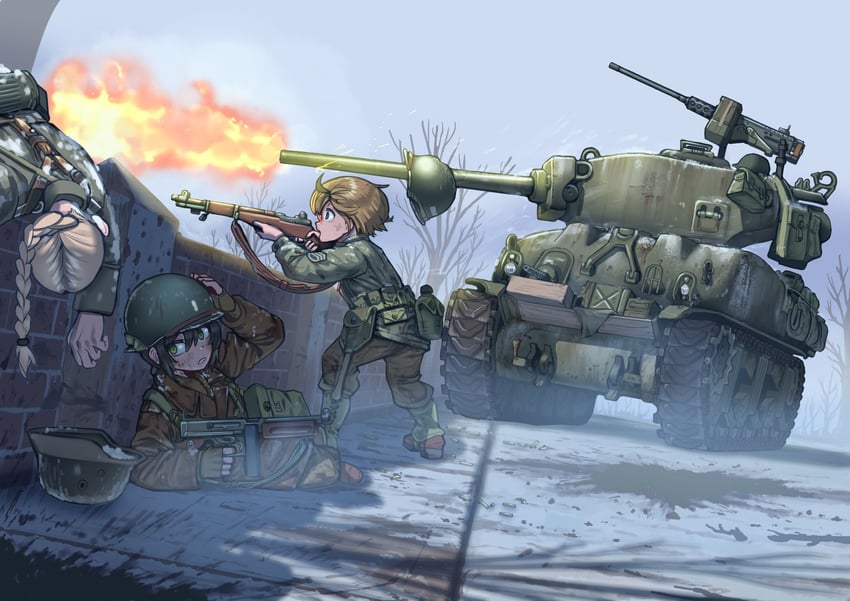 原创 3人女子 弹药袋 枯树 战斗 裤裆隆起