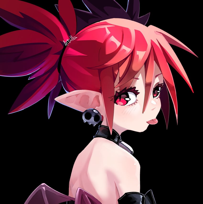 魔界战记、魔界战记、艾多娜 (魔界战记) 1名女孩 背影 露肩 黑色背景 项圈