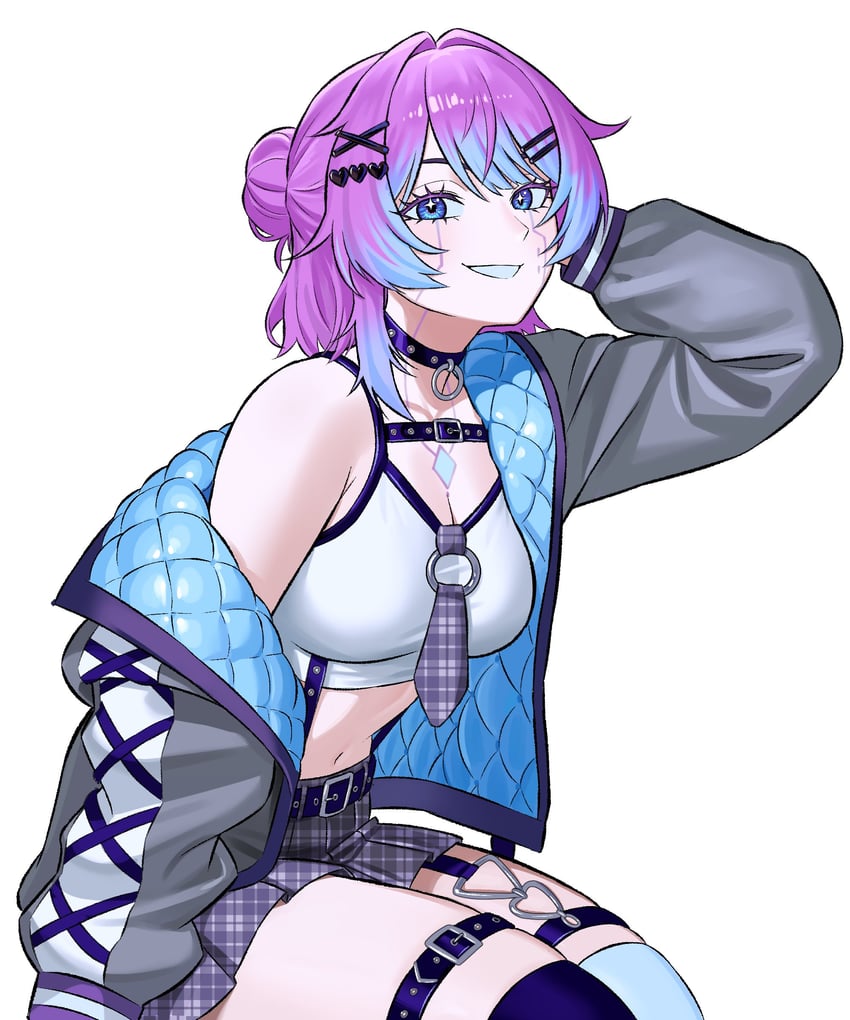 二次元插画 1名女孩 腰带 黑色项圈 蓝眼 乳房