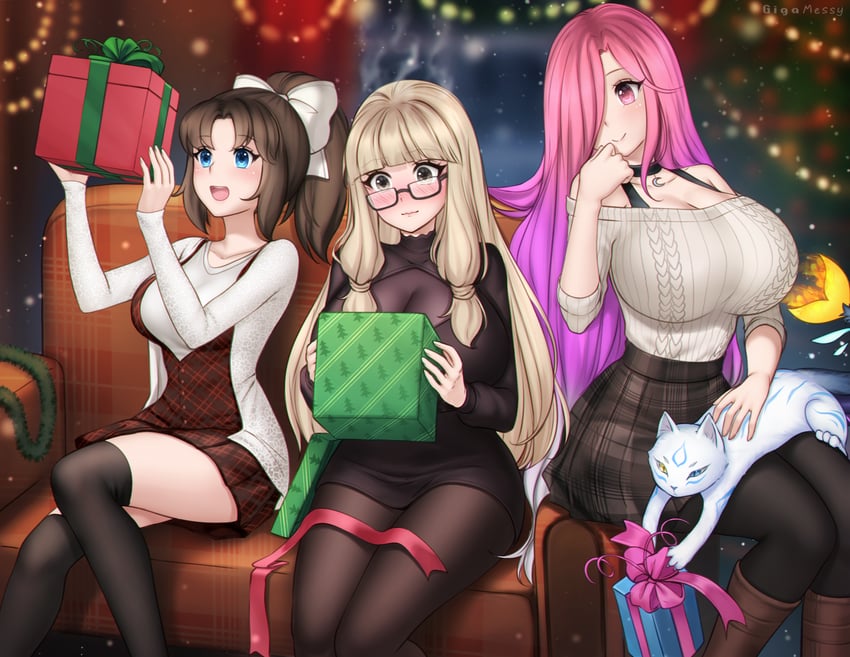 原创、ayako takahashi (leonastreal)、shizuka hano (leonastreal) 3人女子 腿上的动物 作者名 黑色连裤袜 黑色过膝袜