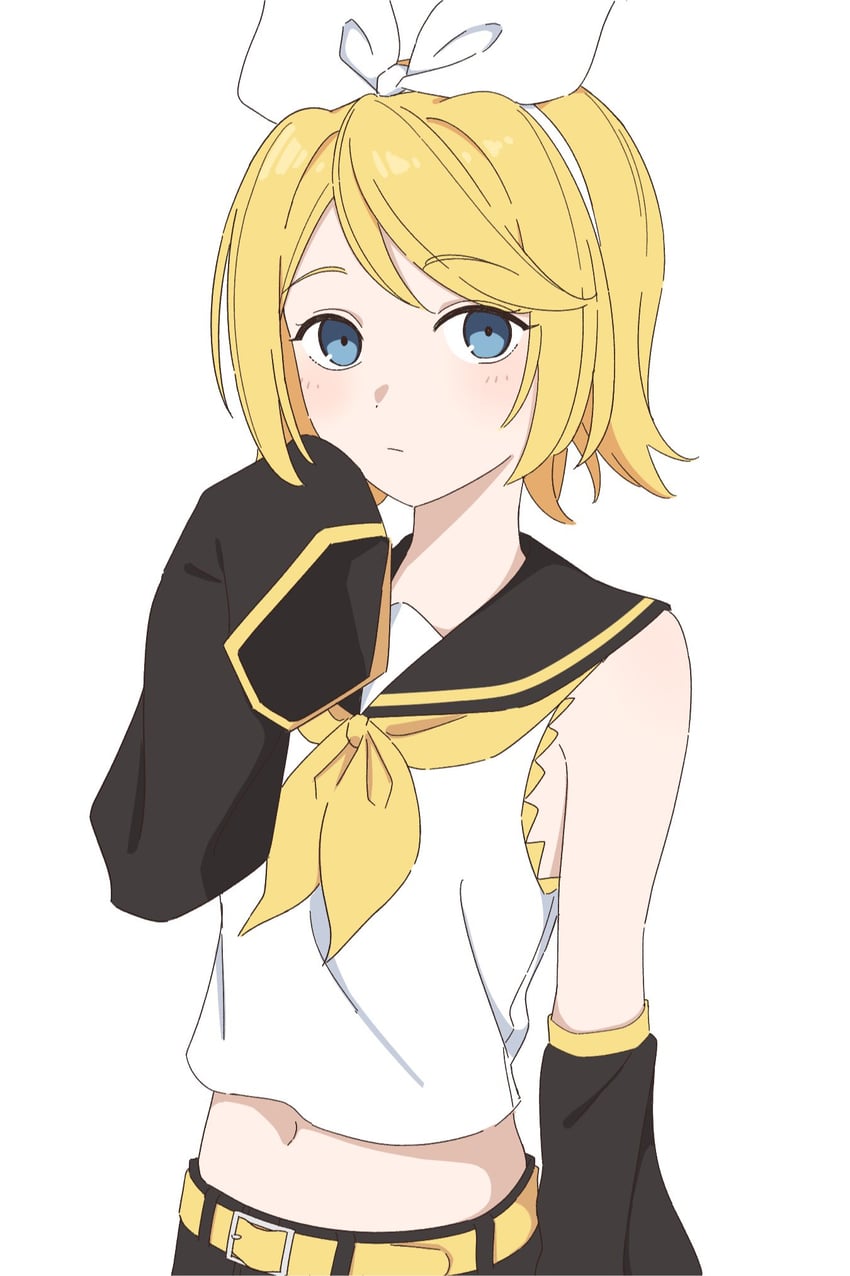 VOCALOID、镜音铃 1名女孩 黑色袖子 金发 蓝眼 闭嘴