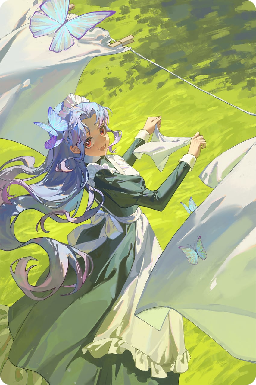 原创 1名女孩 围裙 床单 蓝蝴蝶 虫子