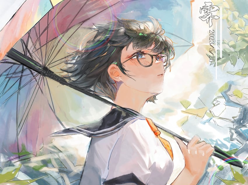 原创 1名女孩 黑框眼镜 黑发 蓝眼 蓝色水手领