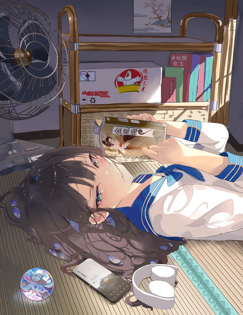 原创 1名女孩 蓝色蝴蝶结 蓝色水手领 脸红 书