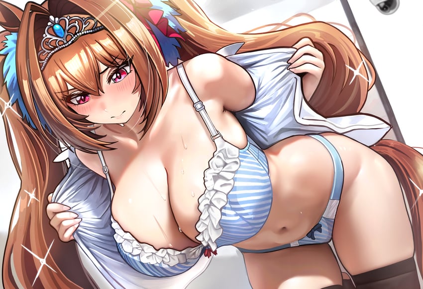 赛马娘、大和赤骥 (赛马娘) 1名女孩 兽耳 露肩 弯腰 黑色过膝袜