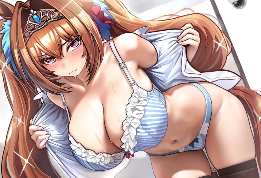 赛马娘、大和赤骥 (赛马娘) 1名女孩 兽耳 露肩 弯腰 黑色过膝袜