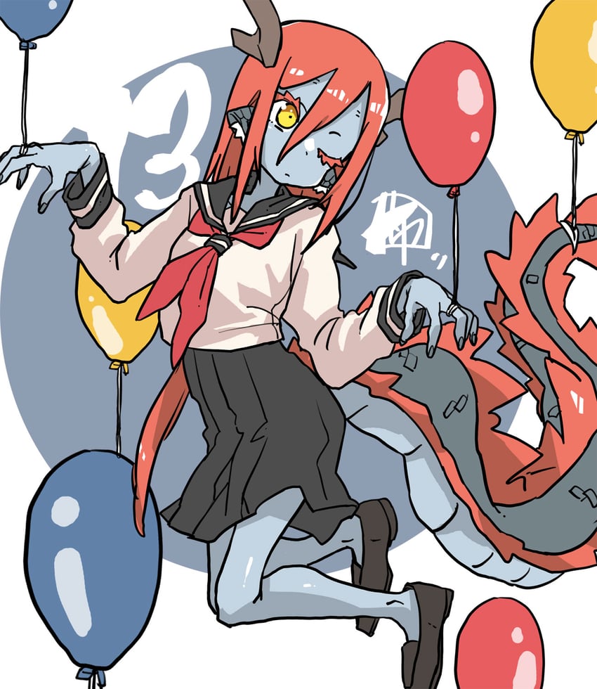 原创 1名女孩 兽耳毛 气球 黑色裙子 蓝色背景