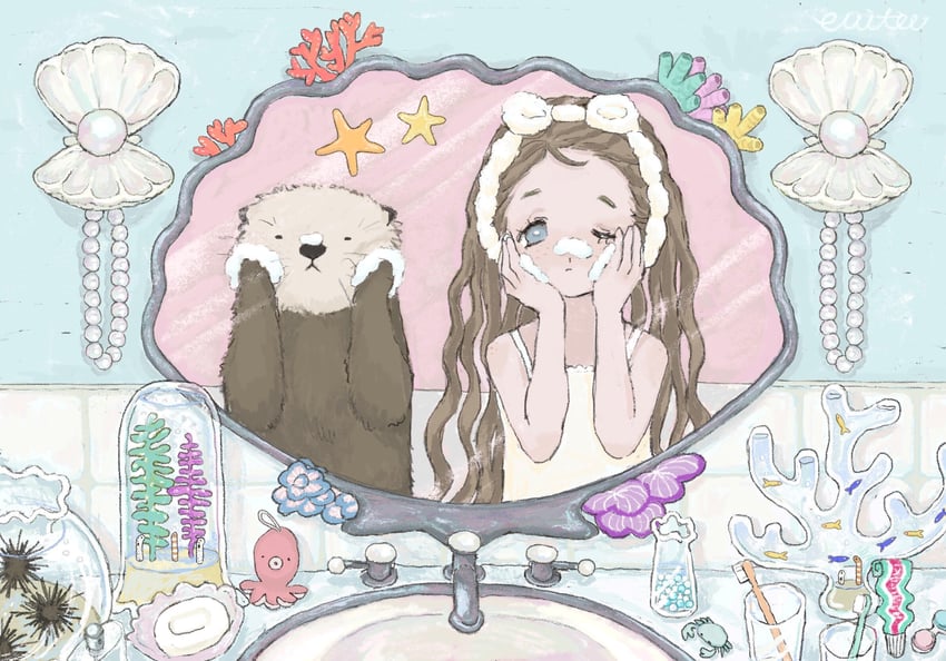 原创 1名女孩 动物 浴室 蓝眼 棕发