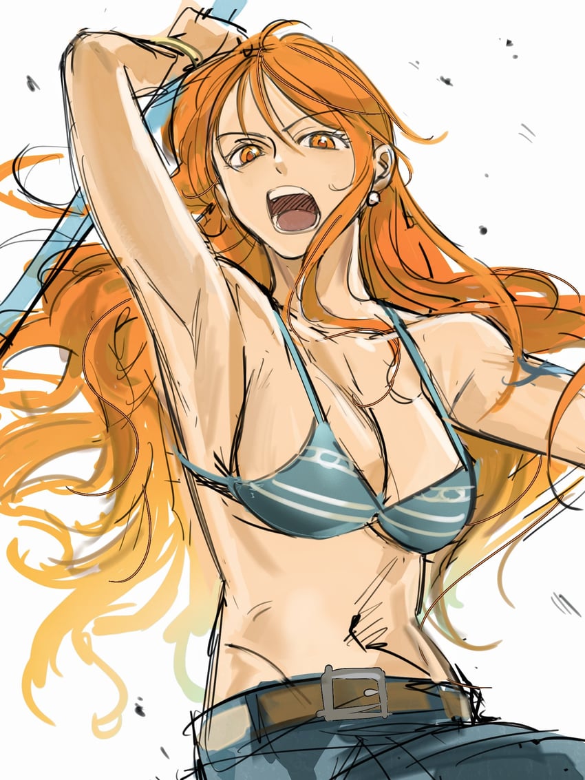 海贼王、娜美 (海贼王) 1名女孩 手臂纹身 腰带 比基尼 只穿比基尼上衣