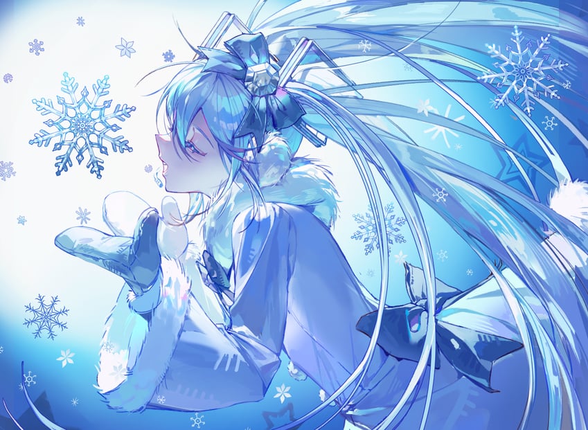 VOCALOID、初音未来、雪初音 1名女孩 后背蝴蝶结 喇叭袖 蓝色背景 蓝色蝴蝶结