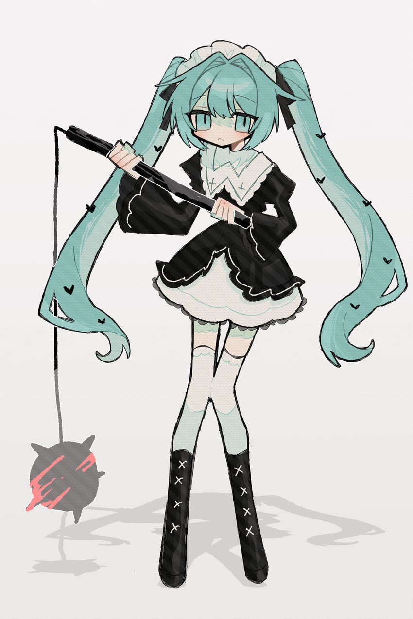 VOCALOID、初音未来 1名女孩 水色瞳 水色发 流星锤 黑色靴子