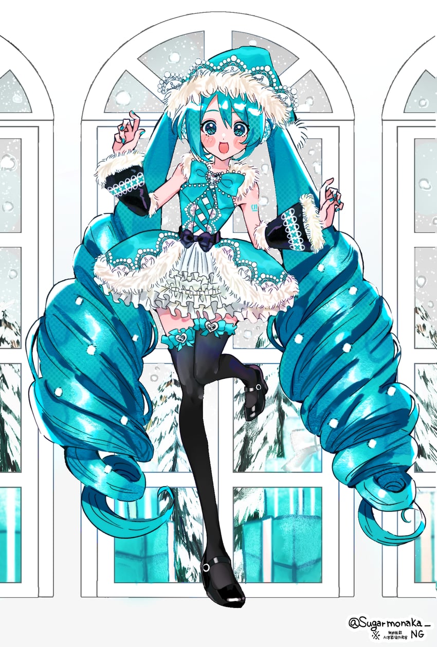 VOCALOID、初音未来 1名女孩 替换服装 不同发型 水蓝色连衣裙 水蓝色帽子