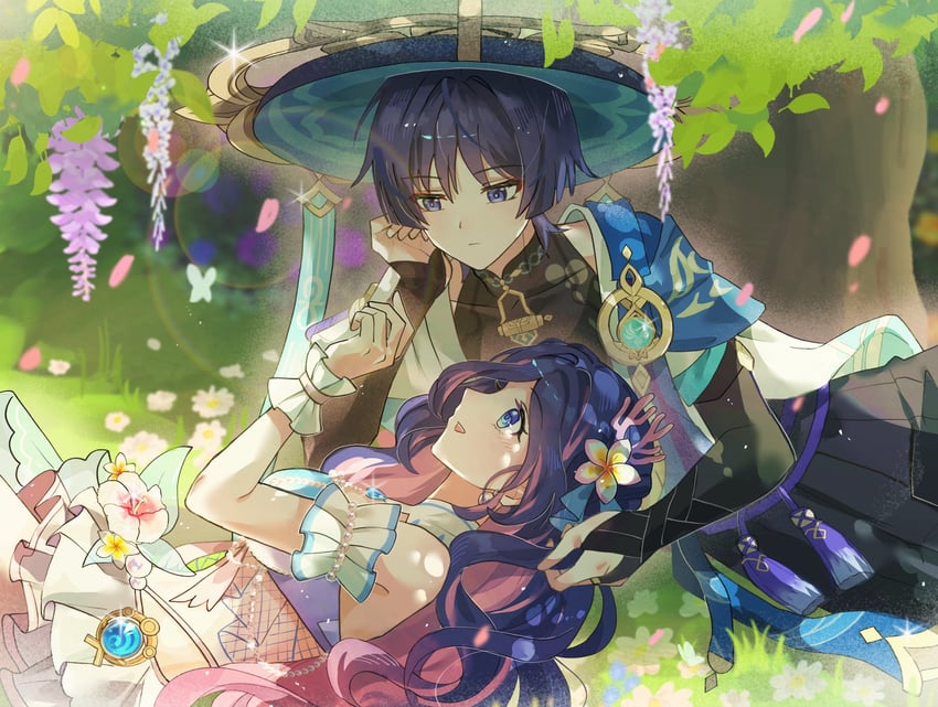 原神、原创、散兵 (原神) 1名男孩 1名女孩 风元素标志 (原神) 水蓝色宝石 铠甲