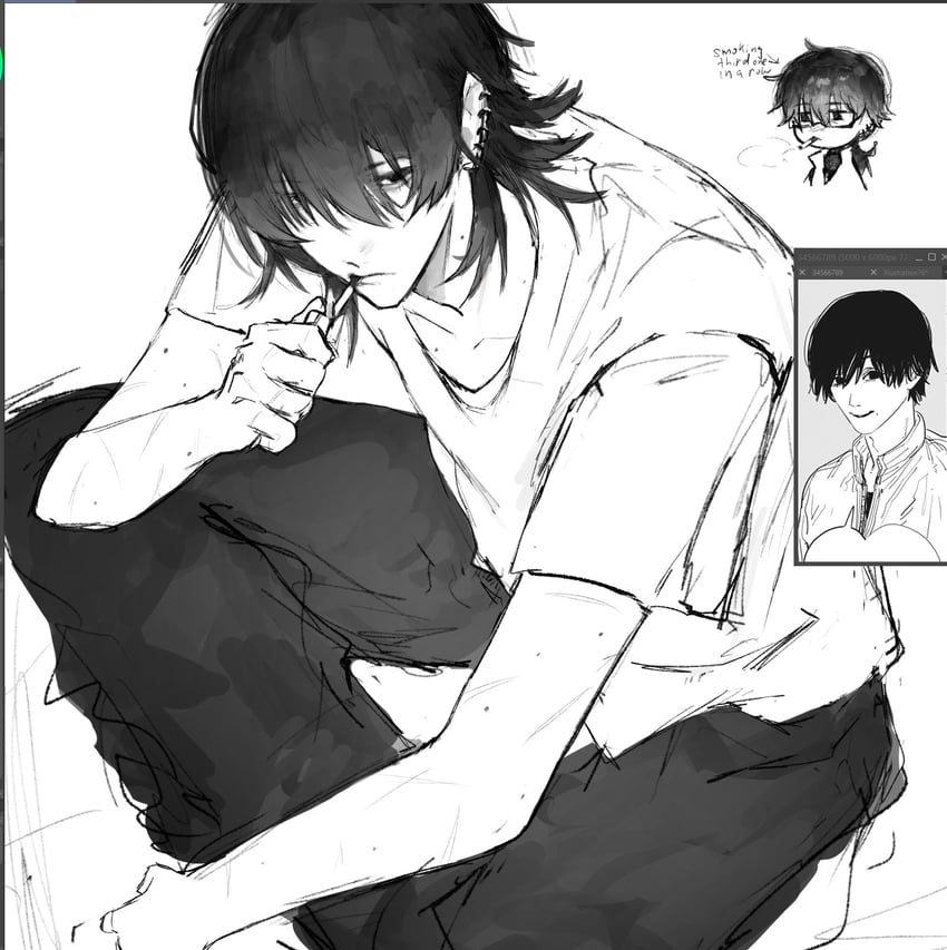 电锯人、吉田宽文 1名男孩 发型长度变动 (更长) 画框中的绘图软件 Q版 Q版插图