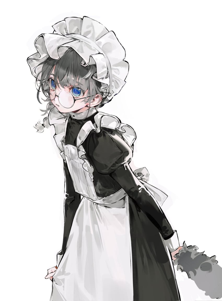 原创 1名女孩 围裙 黑色连衣裙 蓝眼 辫子