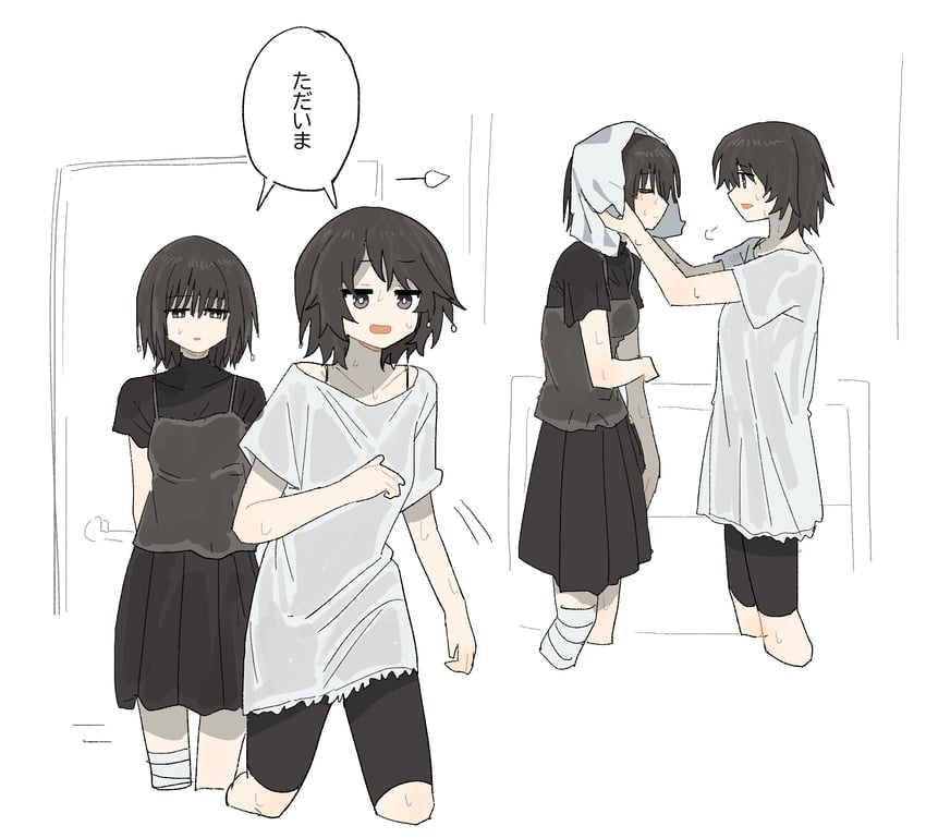 零、零·红蝶、天仓茧 2名女孩 无语 双手背在身后 箭头（符号） 缠着绷带的腿