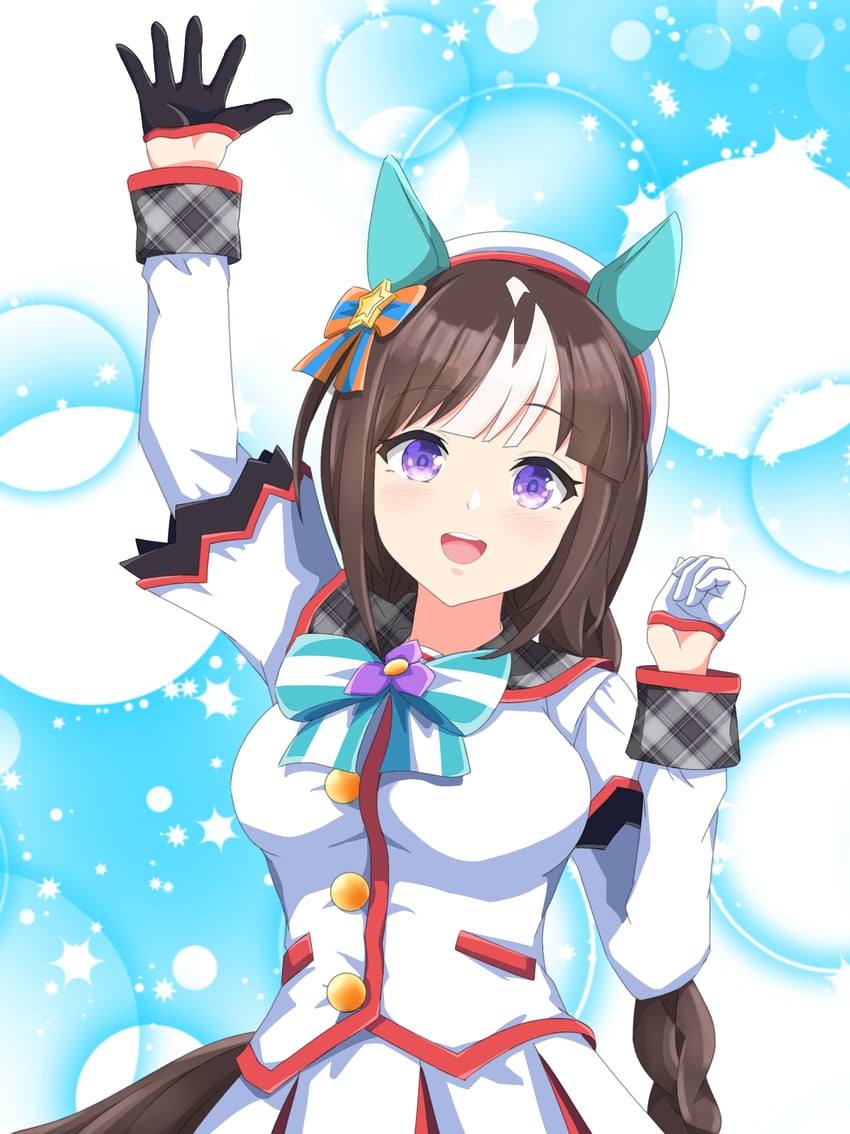 赛马娘、北港火山 (星光之船) (赛马娘)、北港火山 (赛马娘) 1名女孩 兽耳 举手 不对称手套 贝雷帽