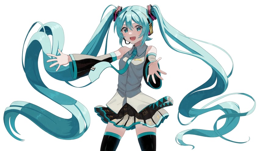 VOCALOID、初音未来 1名女孩 水色瞳 水色发 水蓝色领带 黑色裙子