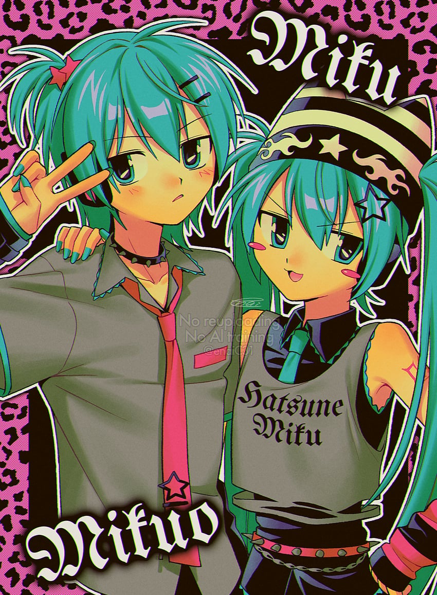 VOCALOID、初音未来、初音未来 (男声版) 1名男孩 1名女孩 猫脸笑 动物帽子 黑衬衫