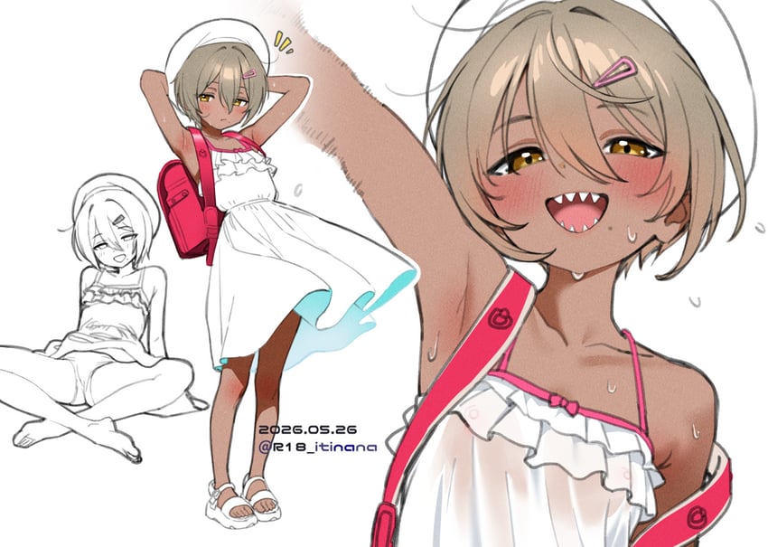 原创 1名女孩 腋下特写 腋下 双手抱头 棕眼睛