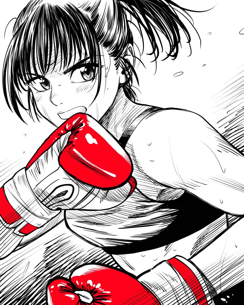 原创 1名女孩 拳击 拳击手套 乳房 飞溅的汗滴