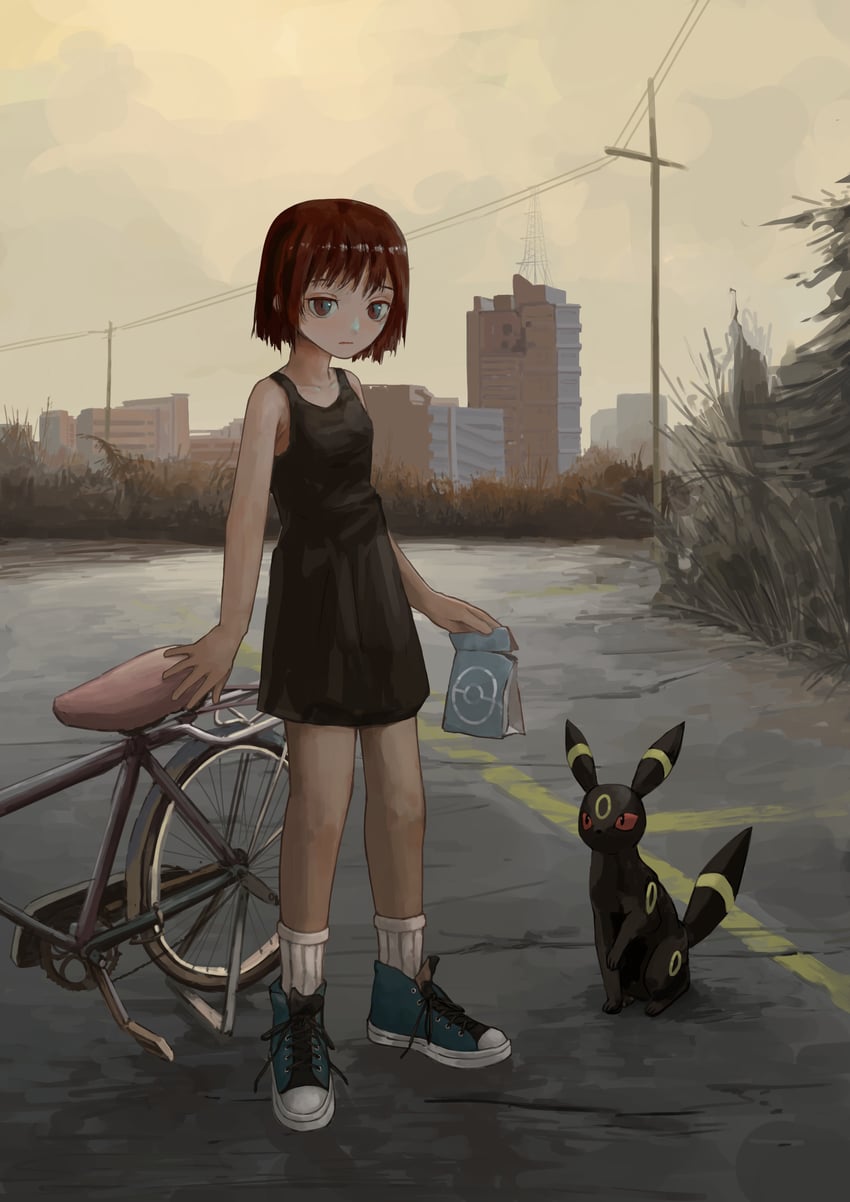 原创、宝可梦、月亮伊布 1名女孩 自行车 黑毛皮 棕眼睛 棕发