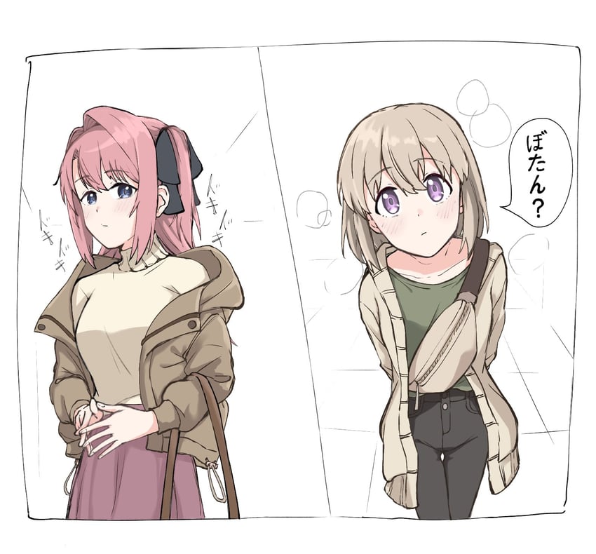 神稻牡丹：醉态如百合之花、上伊那牡丹、砺波伊吹 2名女孩 黑裤子 黑色丝带 蓝眼 脸红