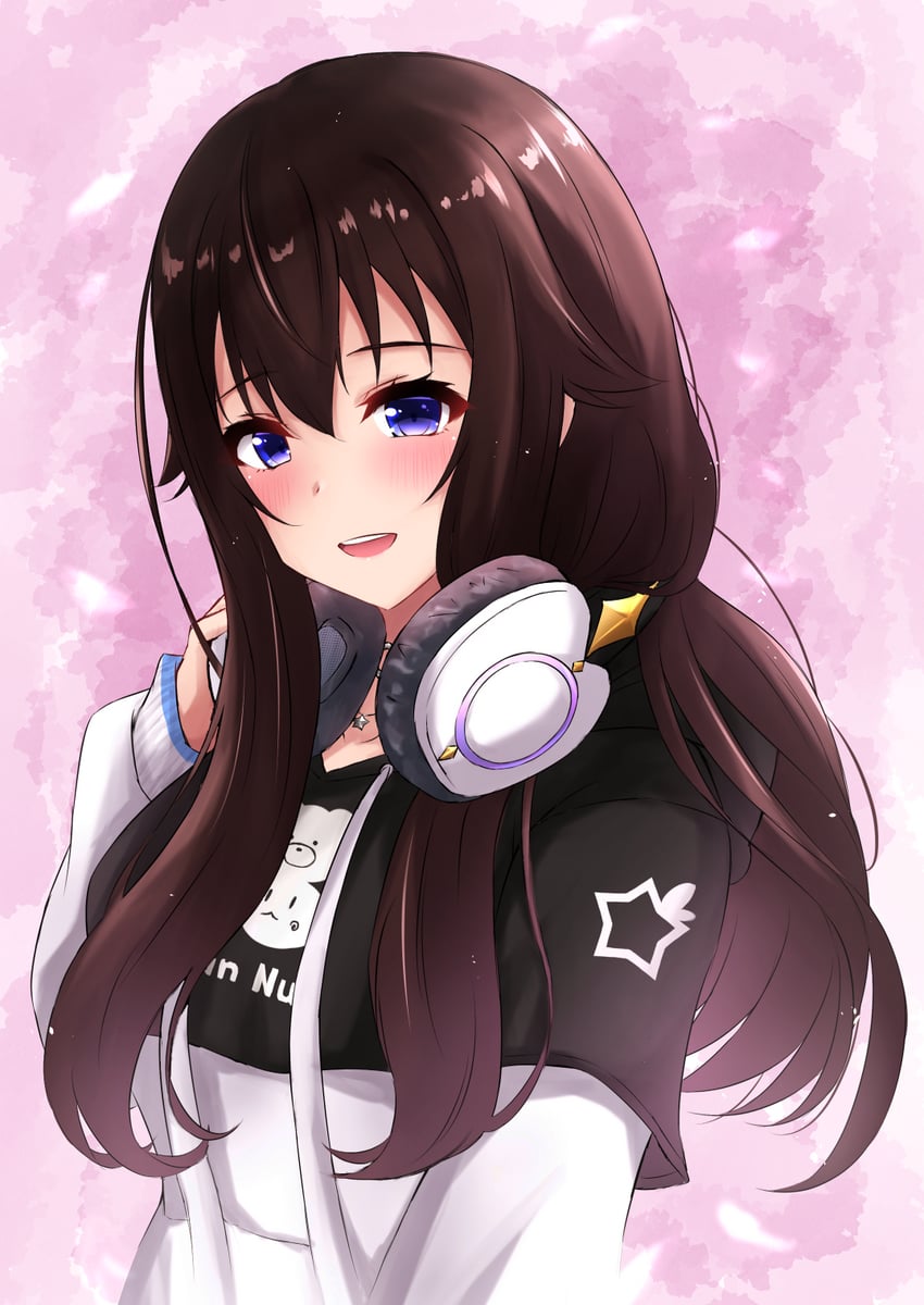 Hololive、时乃空、时乃空 (DJ卫衣) 1名女孩 黑色卫衣 脸红 棕发 项圈