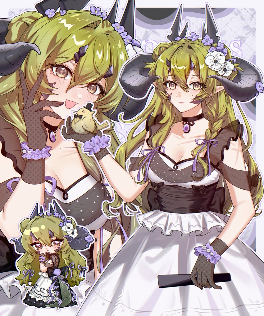 明日方舟、艾丝黛尔 (明日方舟)、estelle (la valse couronnee de fleurs) (arknights) 1名女孩 乳房 Q版 乳沟 双团子头