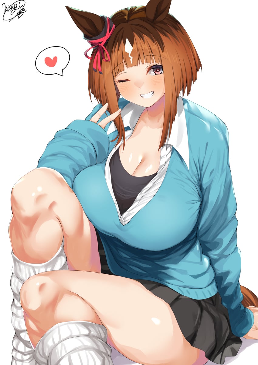 赛马娘、真弓快车 (赛马娘) 1名女孩 兽耳 手臂支撑 黑色裙子 蓝色毛衣