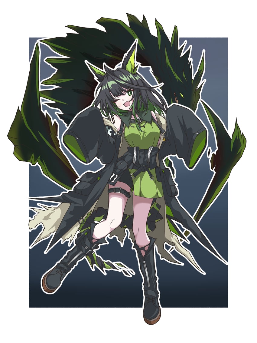 明日方舟、Mon3tr (明日方舟)、Mon3tr (明日方舟) 1名女孩 露肩 黑色靴子 黑发 蓝色背景