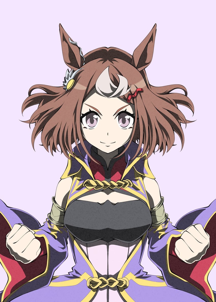 赛马娘、鹤丸刚（梦想无畏 刚毅挺立！）(赛马娘)、鹤丸刚志 (赛马娘) 1名女孩 兽耳 露肩 黑衬衫 乳房