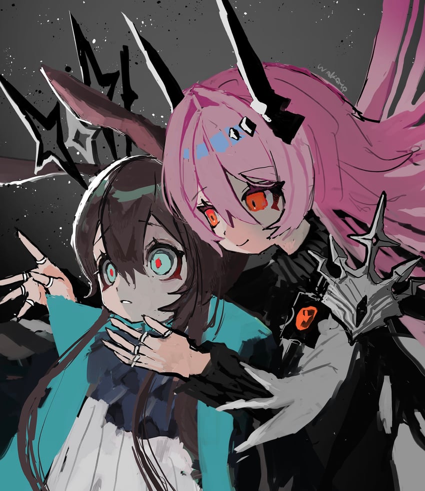 明日方舟、阿米娅 (明日方舟)、阿米娅 (医疗) (明日方舟) 2名女孩 兽耳 蓝眼 棕发 恶魔角