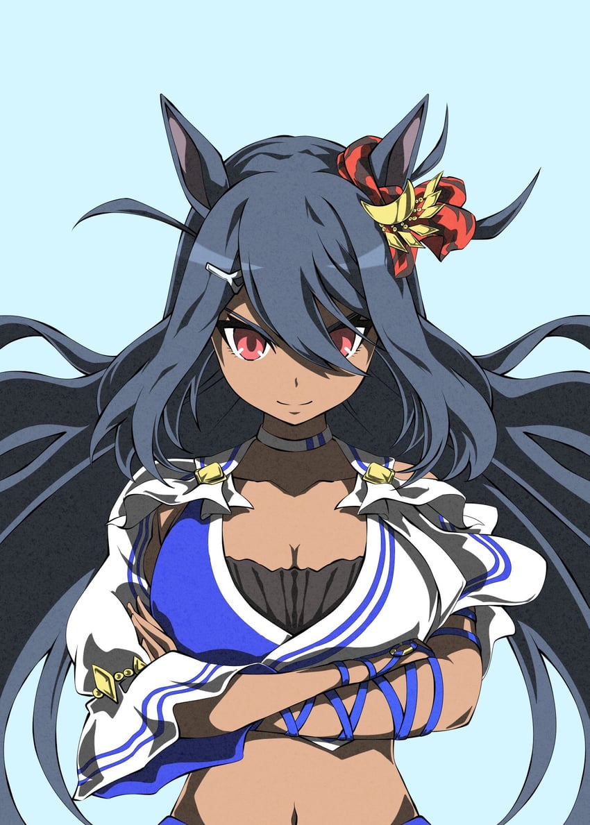 赛马娘、菱亚马逊 (蔚蓝亚马逊) (赛马娘)、菱亚马逊 (赛马娘) 1名女孩 兽耳 抹胸 黑发 蓝色抹胸