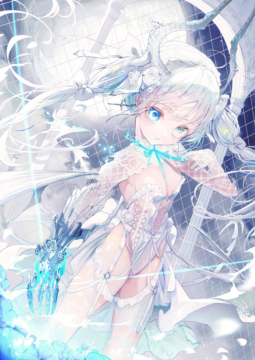 原创 1名女孩 水色瞳 水色缎带 乳房 恶魔娘
