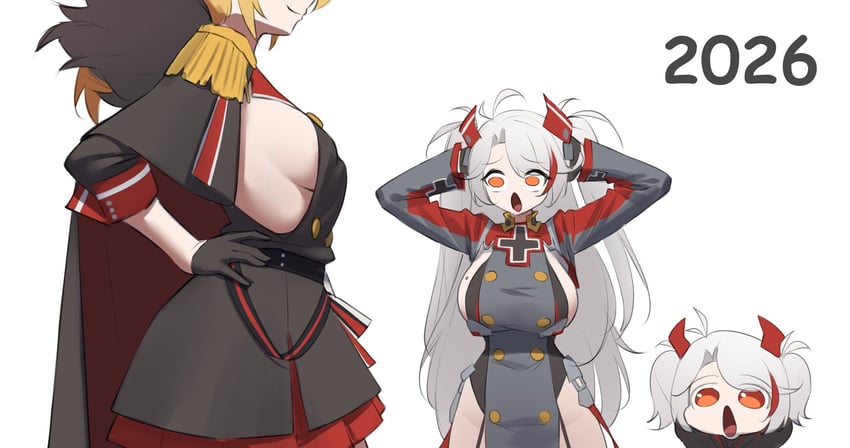 碧蓝航线、希佩尔海军上将 (碧蓝航线)、admiral hipper (retrofit) (azur lane) 2026年 3人女子 呆毛 举起双手 黑色手套