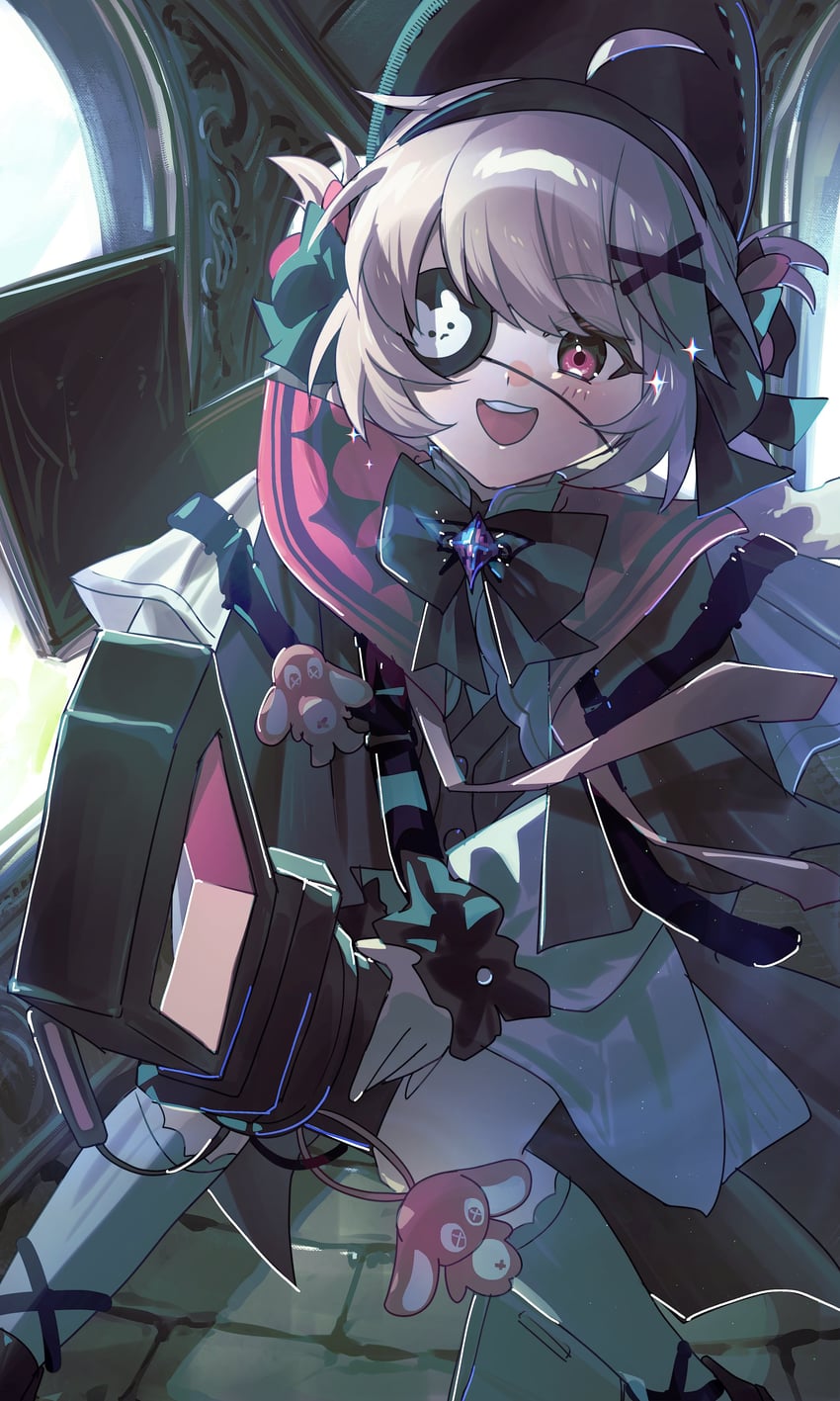 明日方舟、泡普卡 (明日方舟)、泡普卡（女巫之舞）（明日方舟） 1名女孩 兽耳 黑帽子 黑色丝带 电锯