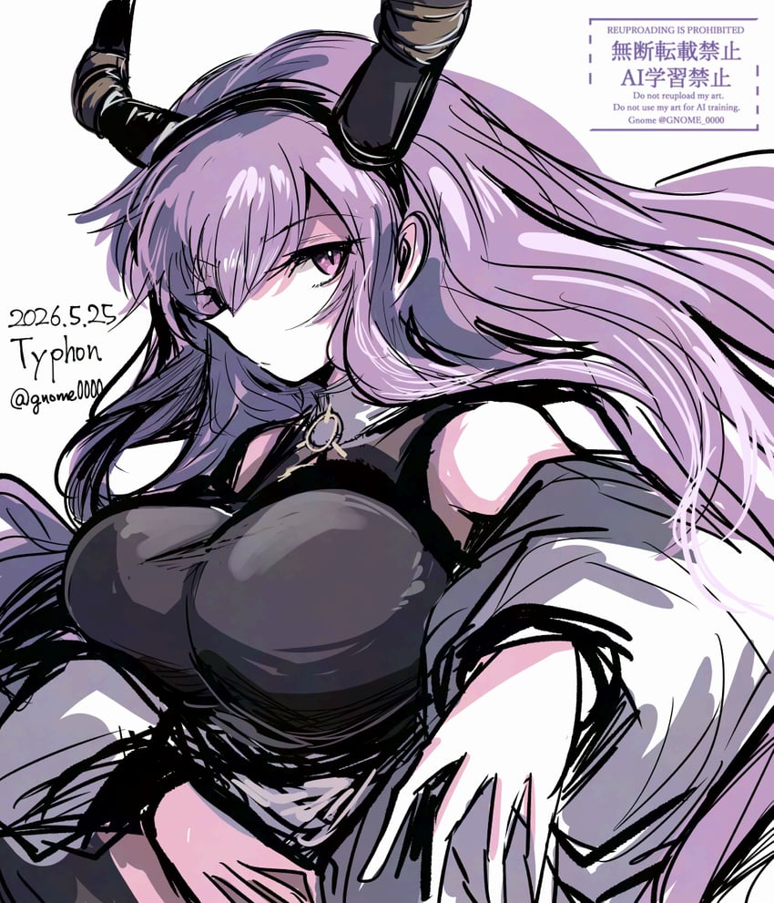 明日方舟、提丰 (明日方舟) 1名女孩 露肩 乳房 恶魔角 耳朵透过头发可见
