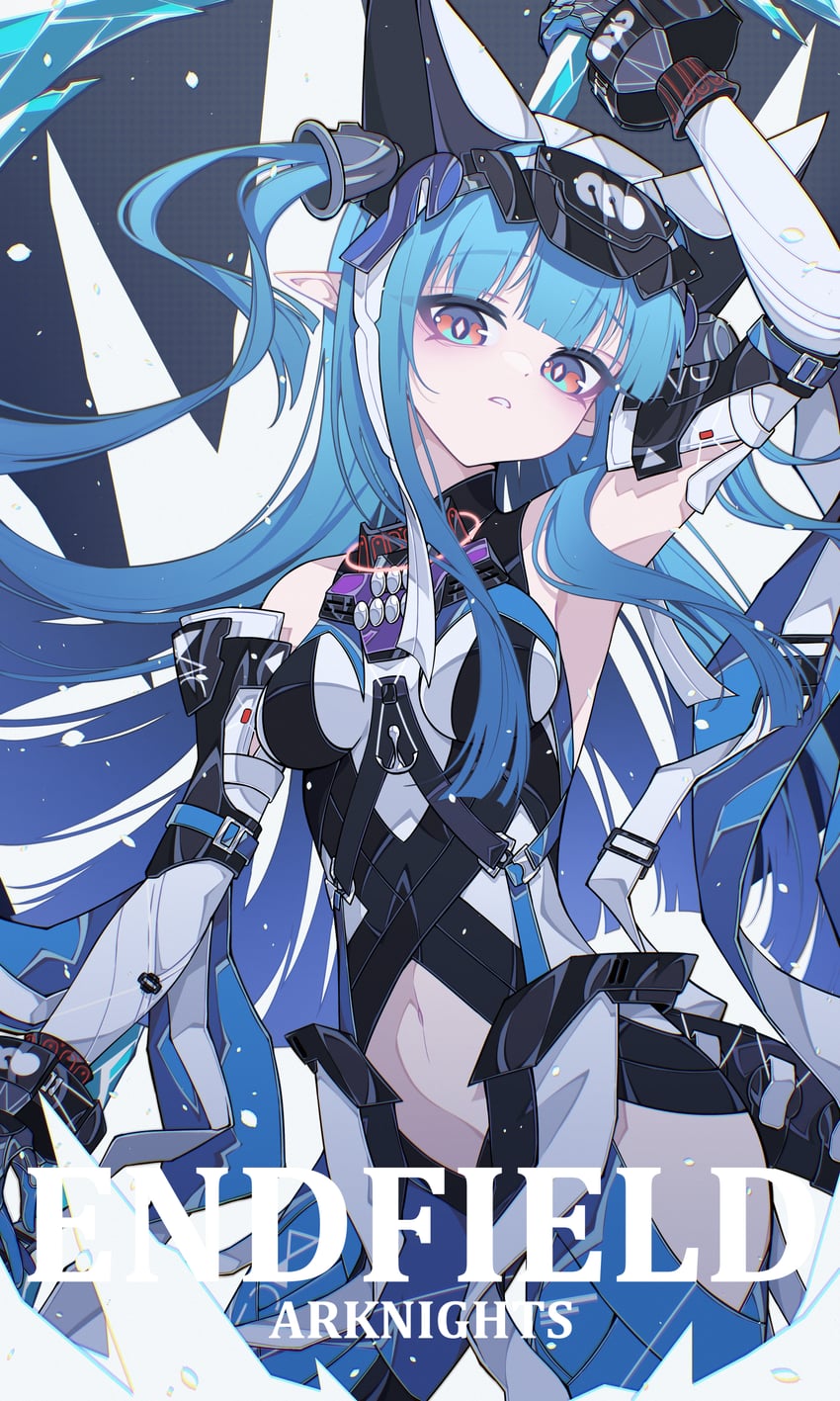 明日方舟、明日方舟：终末地、最终仪式 (明日方舟) 1名女孩 露肩 蓝发 版权名 英文文本