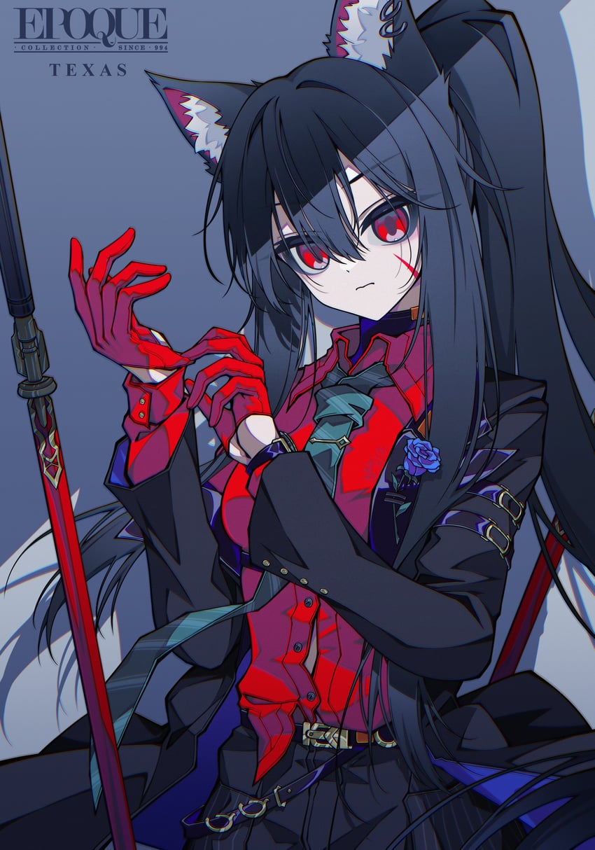 明日方舟、德克萨斯 (明日方舟)、德克萨斯 (意志) (明日方舟) 1名女孩 整理衣服 整理手套 兽耳毛 兽耳